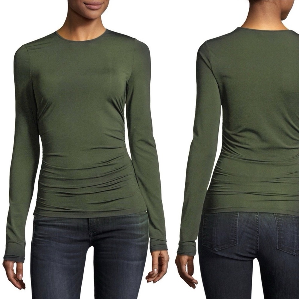 Theory Long-sleeve Travel Jersey Ruched Top Spanish Green Size Medium NWT